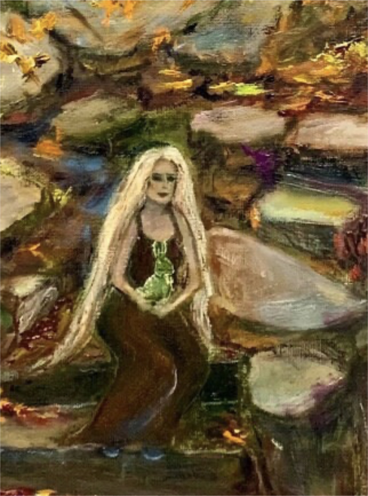 Detail of Autumn. Dreaming Soul by Marina Stognieva — female figure holding a rabbit